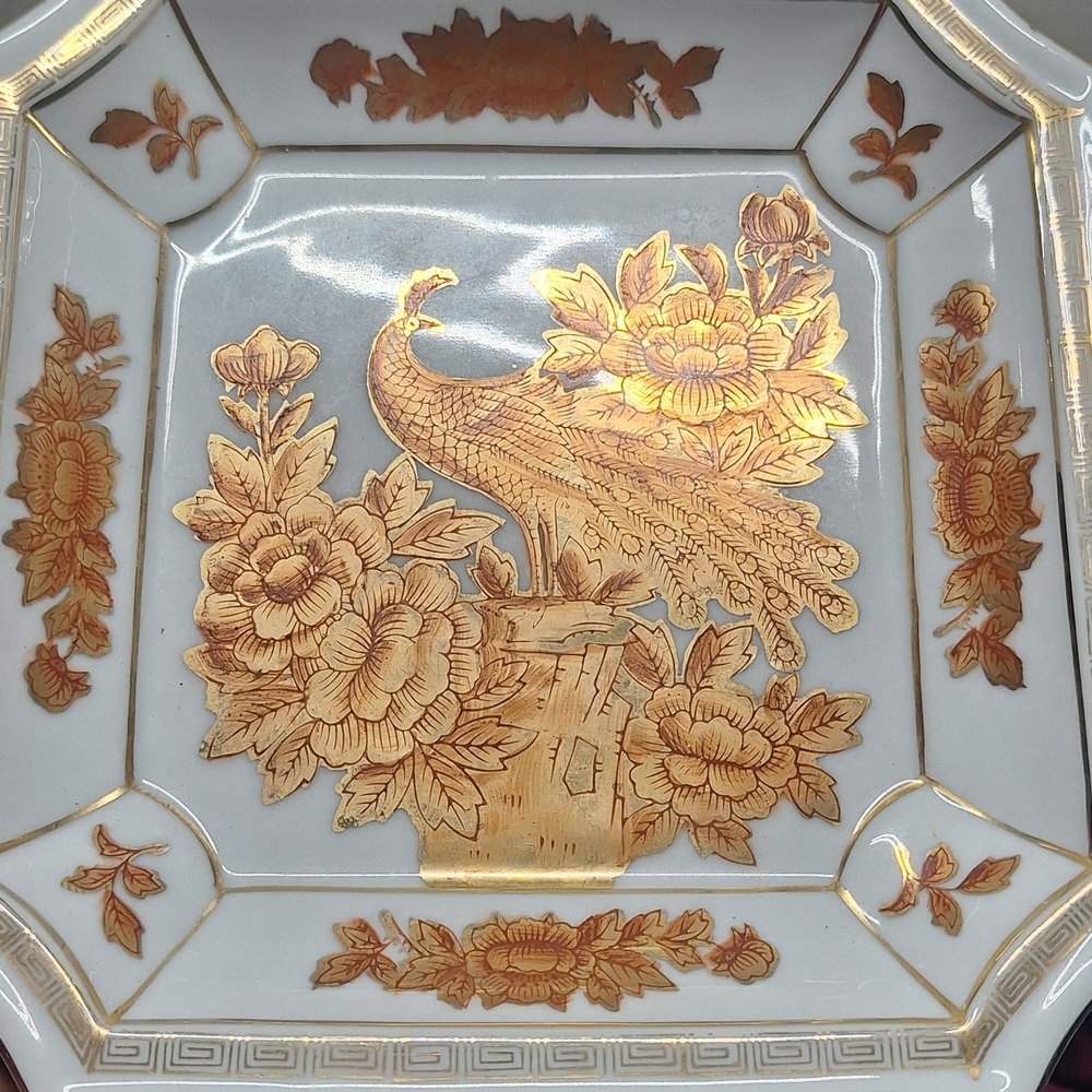 Gold and White Decorative Plate with Peacock Design
